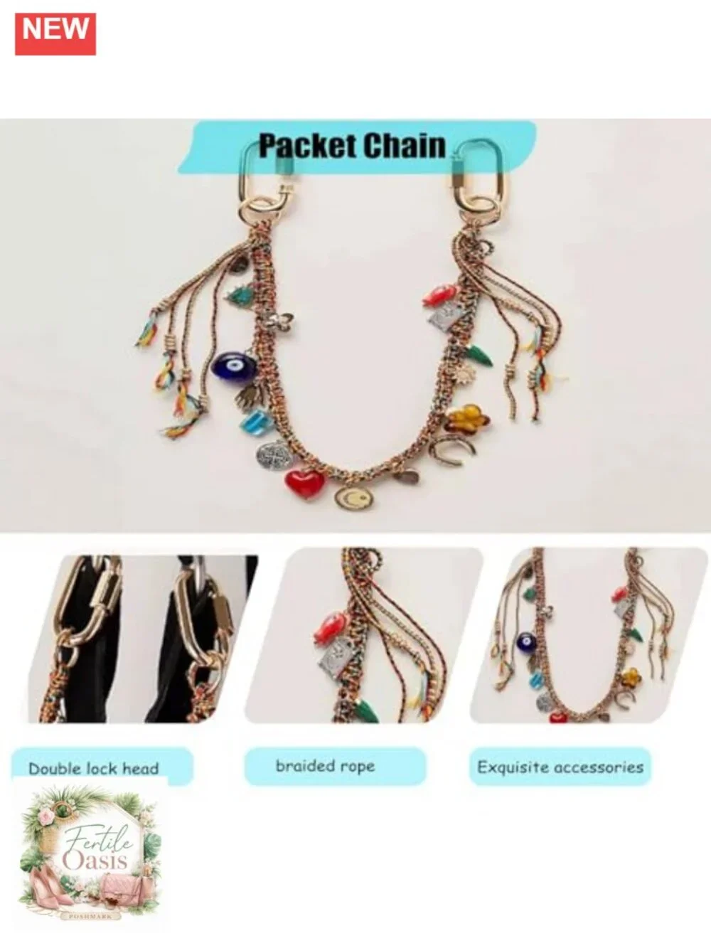 Braided Rope Chain Beaded Keychain for Handbag Purse Backpack Accessories Women
